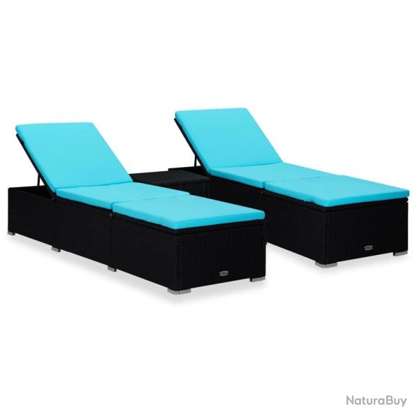 Chaises longues de jardin table � th� 3 pcs R�sine tress�e Noir