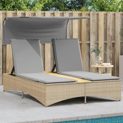 Chaise longue double et auvent et coussins m&eacute;lange beige rotin