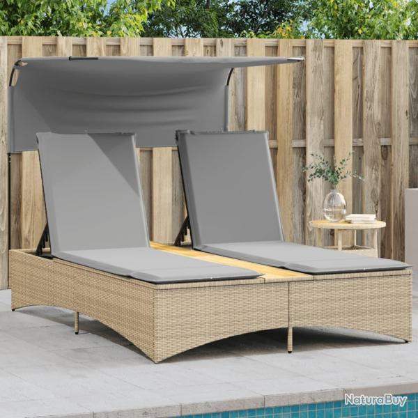 Chaise longue double et auvent et coussins m�lange beige rotin
