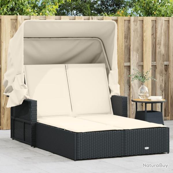 Chaise longue double et auvent et coussins noir r�sine tress�e