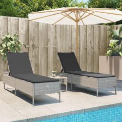Chaises longues avec coussins lot de 2 gris r&eacute;sine tress&eacute;e