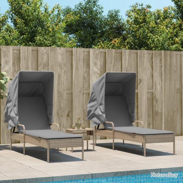 Chaises longues lot de 2 avec auvents et table beige poly rotin