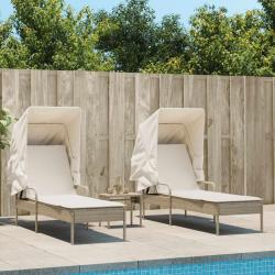Chaises longues lot de 2 avec auvents et table beige poly rotin