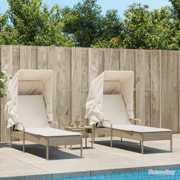 Chaises longues lot de 2 avec auvents et table beige poly rotin