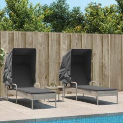 Chaises longues lot de 2 avec auvents et table gris clair rotin