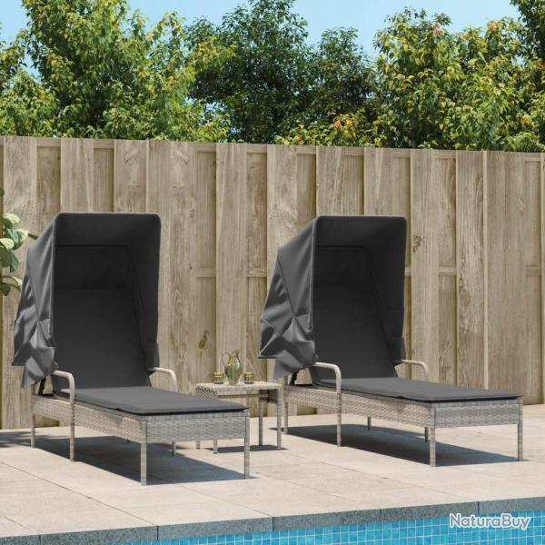 Chaises longues lot de 2 avec auvents et table gris clair rotin