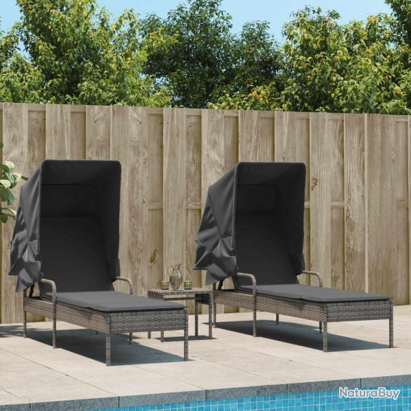 Chaises longues lot de 2 avec auvents et table gris poly rotin