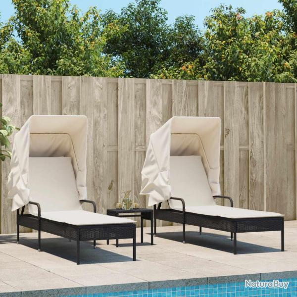 Chaises longues lot de 2 avec auvents et table noir poly rotin