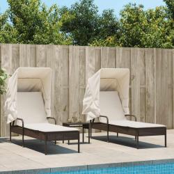 Chaises longues lot de 2 et auvents et table marron poly rotin
