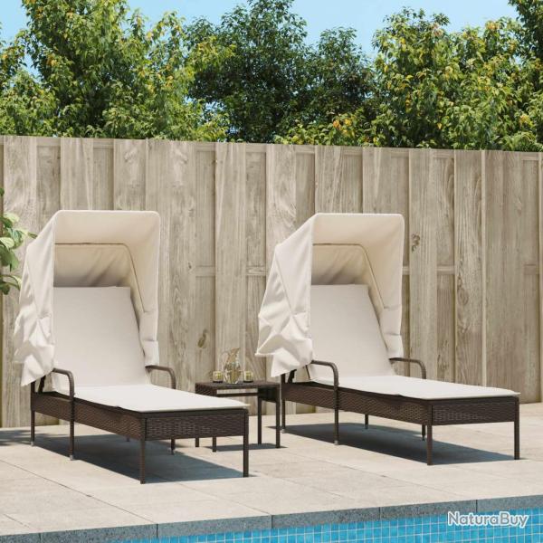 Chaises longues lot de 2 et auvents et table marron poly rotin