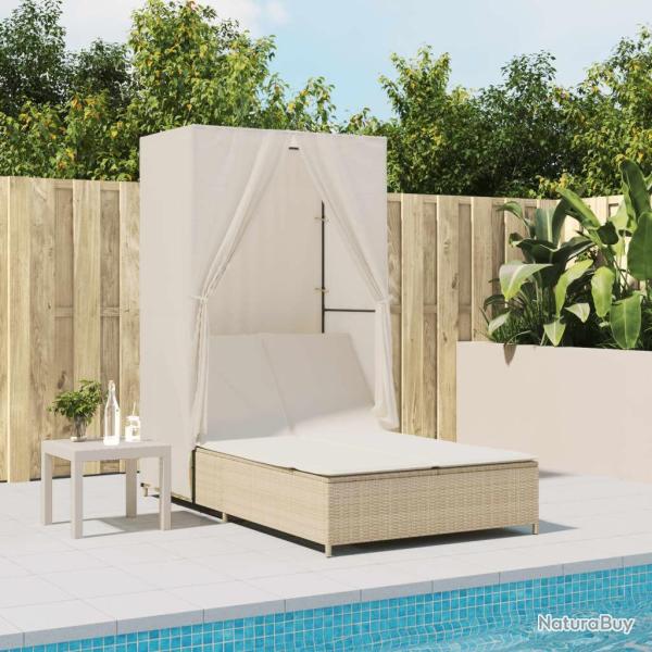 Chaise longue double avec toit et rideaux beige r�sine tress�e