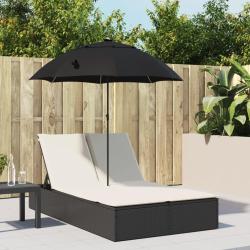 Chaise longue double et coussins et parasol noir r&eacute;sine tress&eacute;e