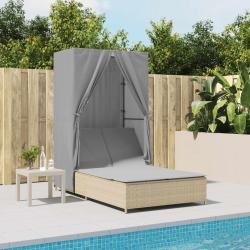 Chaise longue double avec toit et rideaux beige r&eacute;sine tress&eacute;e