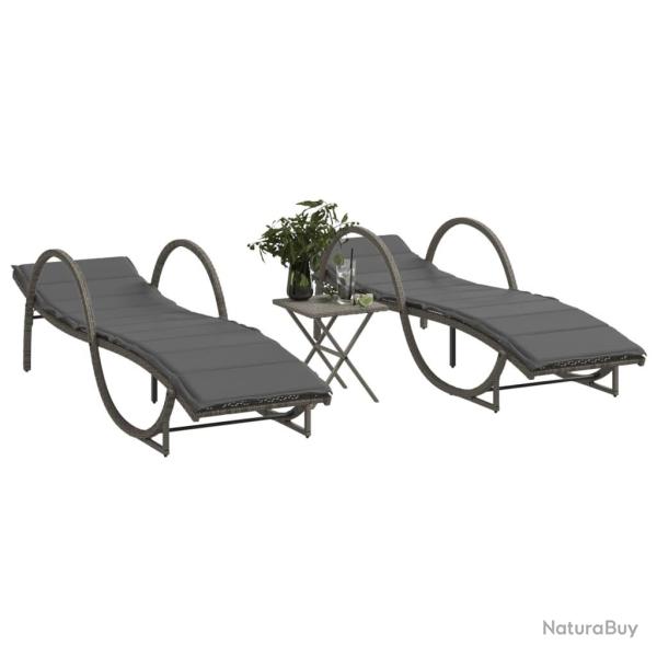Chaises longues lot de 2 avec table gris r�sine tress�e