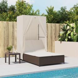 Chaise longue double avec toit et rideaux marron r&eacute;sine tress&eacute;e