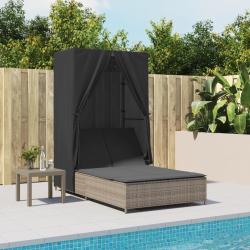 Chaise longue double avec toit et rideaux gris r&eacute;sine tress&eacute;e