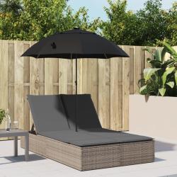 Chaise longue double et coussins et parasol gris r&eacute;sine tress&eacute;e