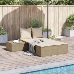 Chaise longue double avec coussins beige r&eacute;sine tress&eacute;e