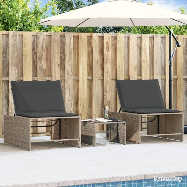 Chaises longues 2 pi�ces avec table en r�sine tress�e grise
