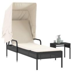 Chaise longue avec auvent et table noir r&eacute;sine tress&eacute;e