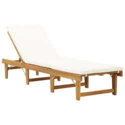 Chaise longue pliable coussin Bois massif d'acacia Blanc cr&egrave;me