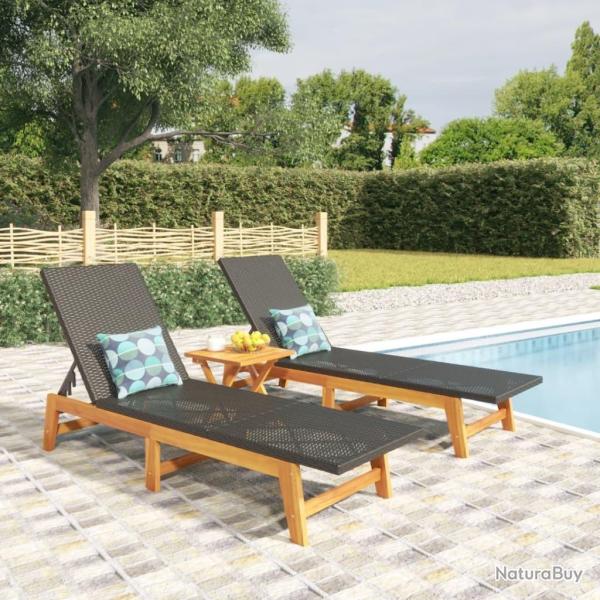 Chaises longues lot de 2 noir/marron r�sine tress�e/bois acacia