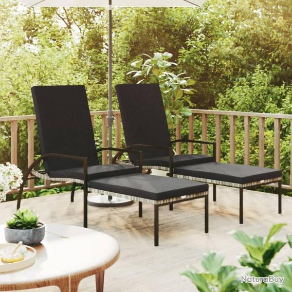 Chaises longues avec repose-pied 2 pcs R�sine tress�e Gris