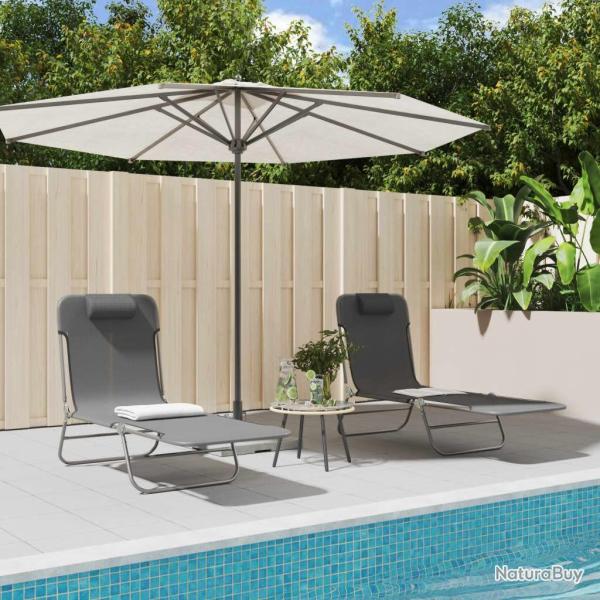 Chaises longues pliables lot de 2 gris textil�ne et acier