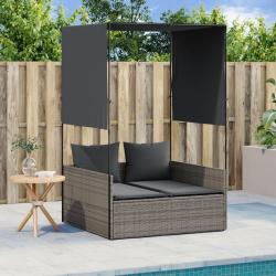 Chaise longue double avec toit et rideaux gris r&eacute;sine tress&eacute;e