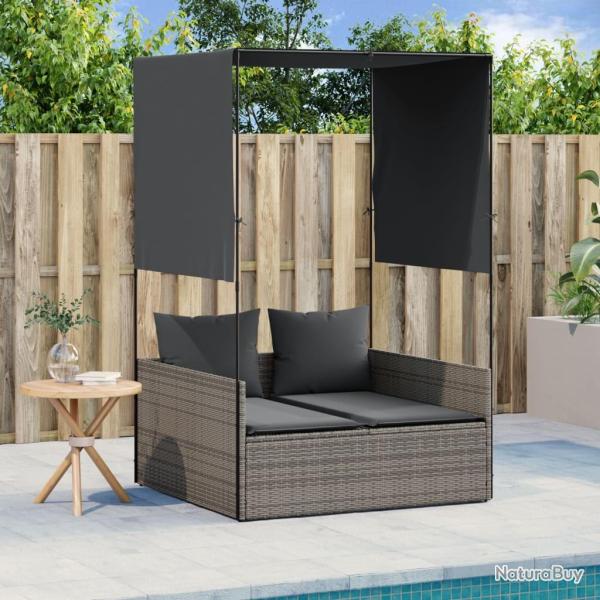 Chaise longue double avec toit et rideaux gris r�sine tress�e