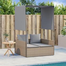Chaise longue double avec toit et rideaux beige r&eacute;sine tress&eacute;e