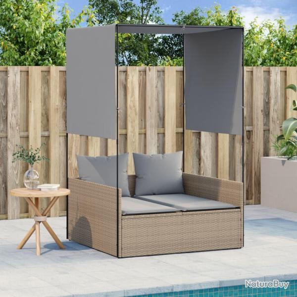 Chaise longue double avec toit et rideaux beige r�sine tress�e