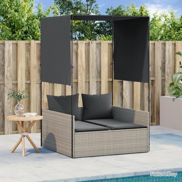 Chaise longue double avec toit et rideaux gris clair poly rotin