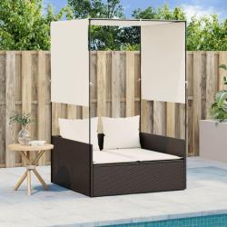 Chaise longue double avec toit et rideaux marron r&eacute;sine tress&eacute;e