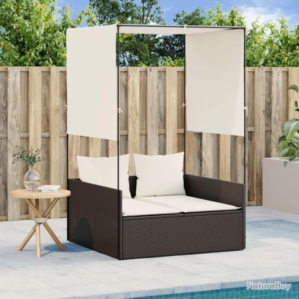 Chaise longue double avec toit et rideaux marron r�sine tress�e