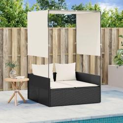 Chaise longue double avec toit et rideaux noir r&eacute;sine tress&eacute;e