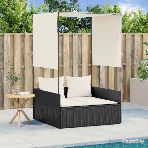 Chaise longue double avec toit et rideaux noir r�sine tress�e