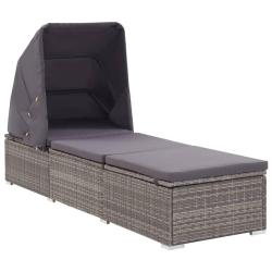 Chaise longue avec auvent et coussin R&eacute;sine tress&eacute;e Gris