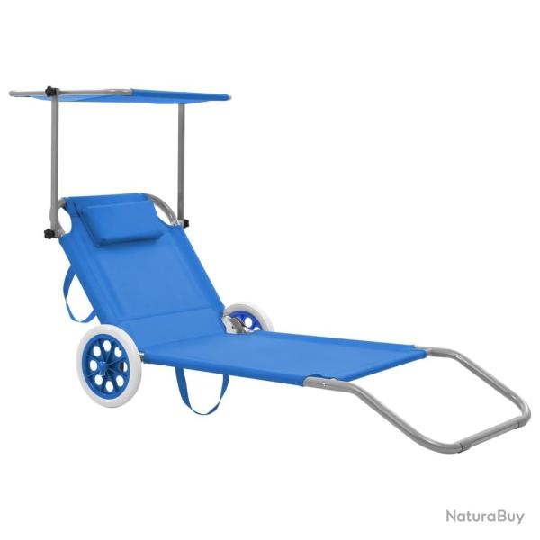 Chaise longue pliable avec auvent et roues Acier Bleu alsavelo