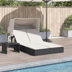 Chaise longue double et auvent et coussins noir r&eacute;sine tress&eacute;e