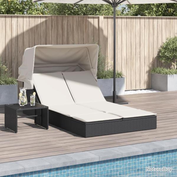 Chaise longue double et auvent et coussins noir r�sine tress�e