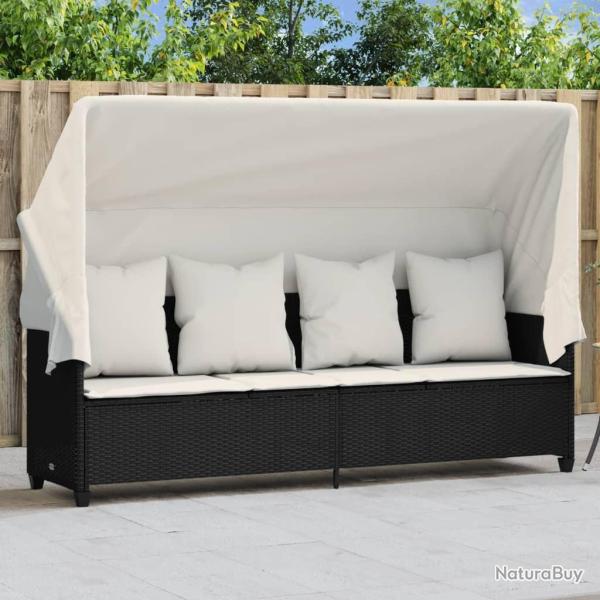 Chaise longue avec auvent et coussins noir r�sine tress�e