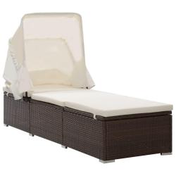 Chaise longue avec auvent et coussin r&eacute;sine tress&eacute;e marron