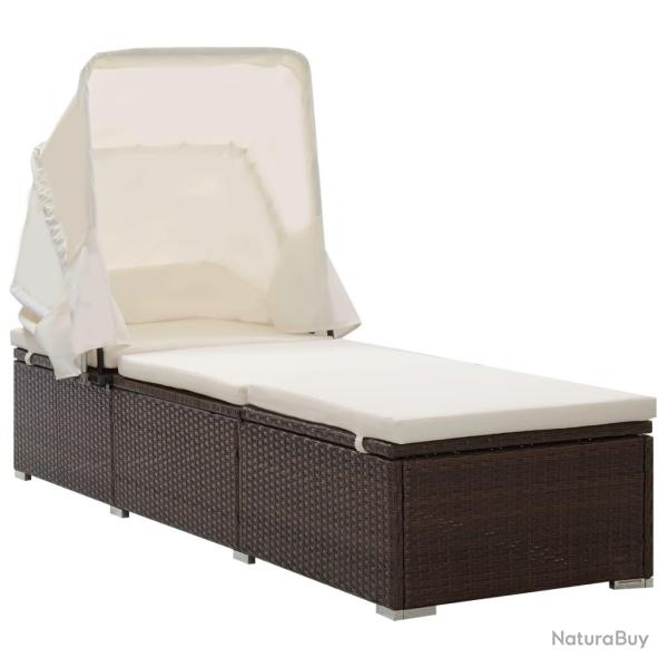Chaise longue avec auvent et coussin r�sine tress�e marron