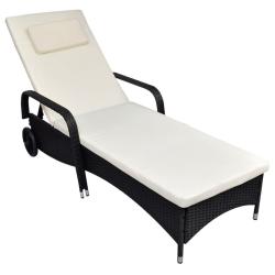 Chaise longue avec coussin et roues R&eacute;sine tress&eacute;e Noir