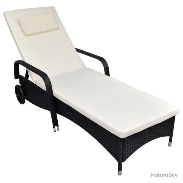 Chaise longue avec coussin et roues R�sine tress�e Noir