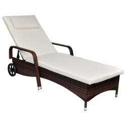 Chaise longue avec coussin et roues R&eacute;sine tress&eacute;e Marron