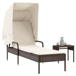 Chaise longue avec auvent et table marron r&eacute;sine tress&eacute;e