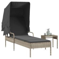 Chaise longue avec auvent et table gris clair r&eacute;sine tress&eacute;e