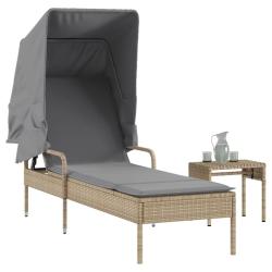 Chaise longue avec auvent et table beige r&eacute;sine tress&eacute;e